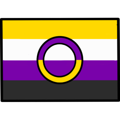A drawing of an internon pride flag outlined in black. Internon is an intersex identity where an intersex person is also not in the gender binary. The flag has four horizontal stripes: yellow, white, light purple, dark grey there is a circle outline over the centre of the flag, like in the intersex flag. the circle is purple on the top half and yellow on the bottom half